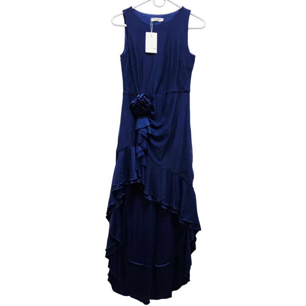 Berylove Womens Navy Blue Sleeveless Layered Ruffle Midi Dress  Rosette Detail S